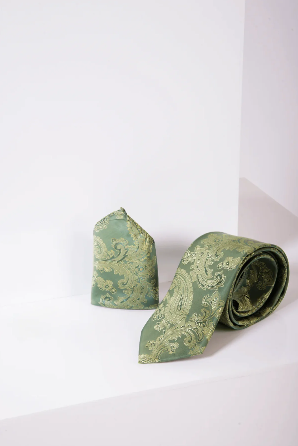 Ensemble Gentlemen Marc Darcy Green Paisley cravate & mouchoir de poche
