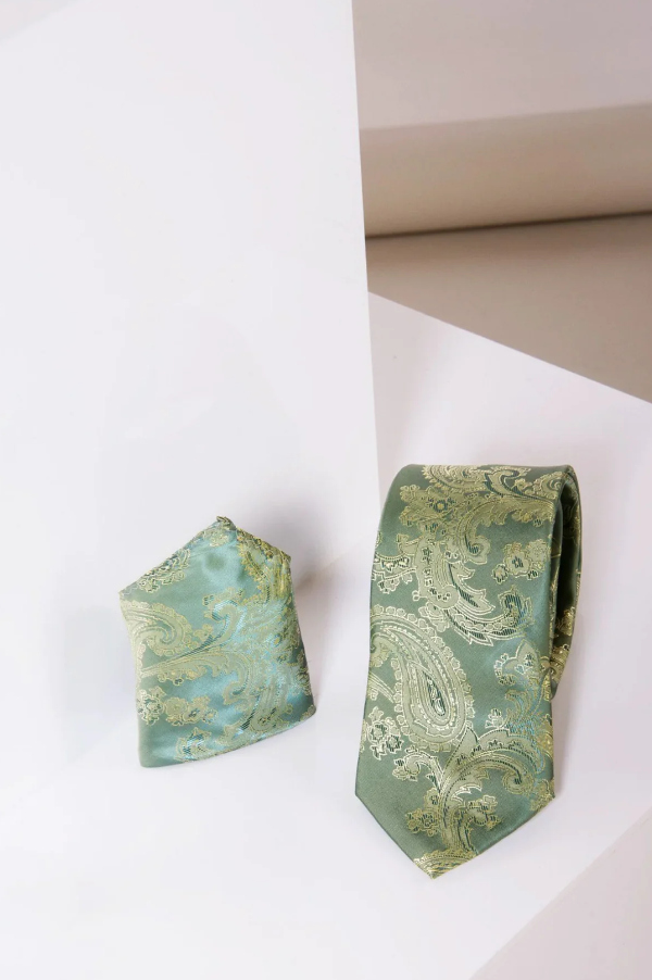 Ensemble Gentlemen Marc Darcy Green Paisley cravate & mouchoir de poche
