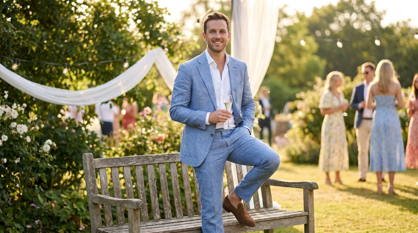 Stylish man in a light blue linen suit at an elegant outdoor summer wedding, bathed in golden hour sunlight.