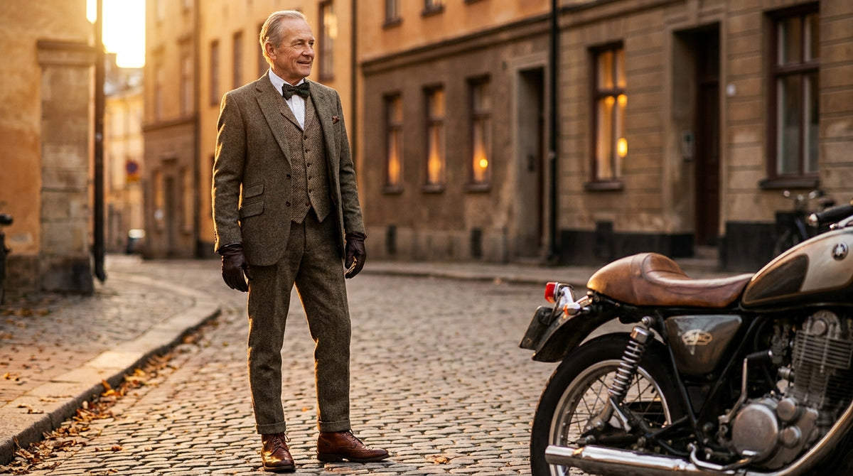 A distinguished gentleman in a vintage tweed suit and riding gloves standing on a city street at golden hour. Distinguished G