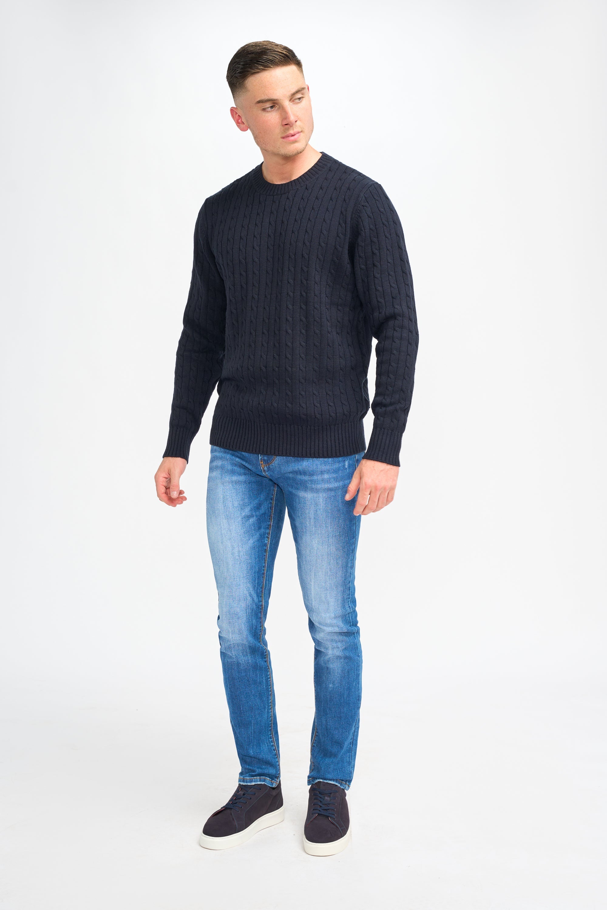 Cavani Foston Navy - Pull en laine à motifs en câble pour hommes