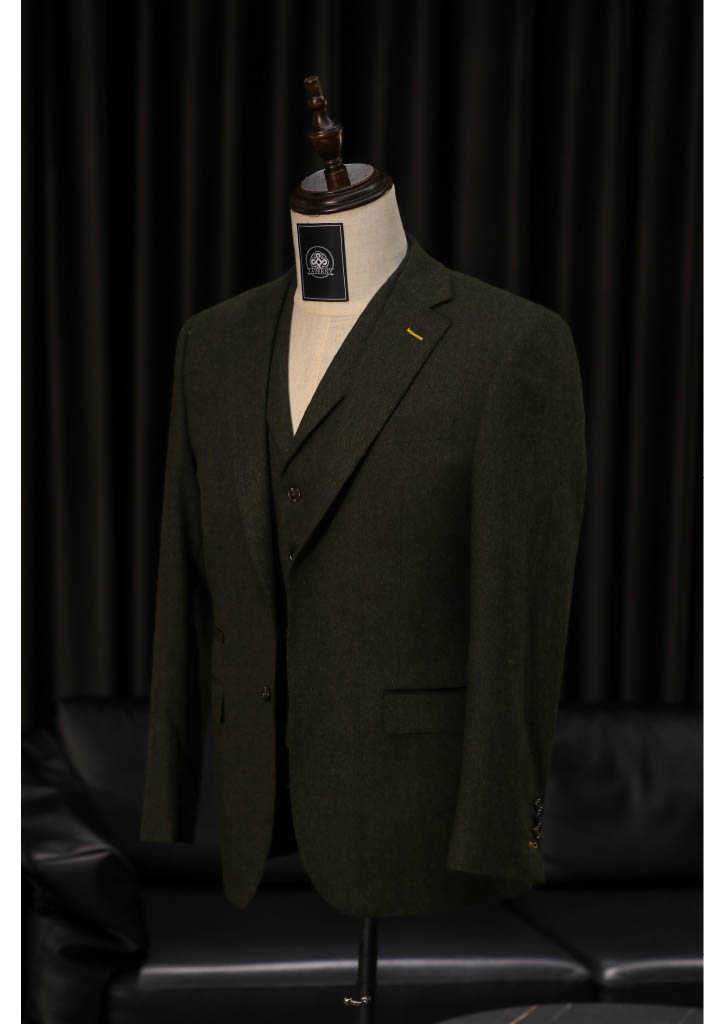 TAVERNY Chief - Costume pour hommes en tweed vert olive.