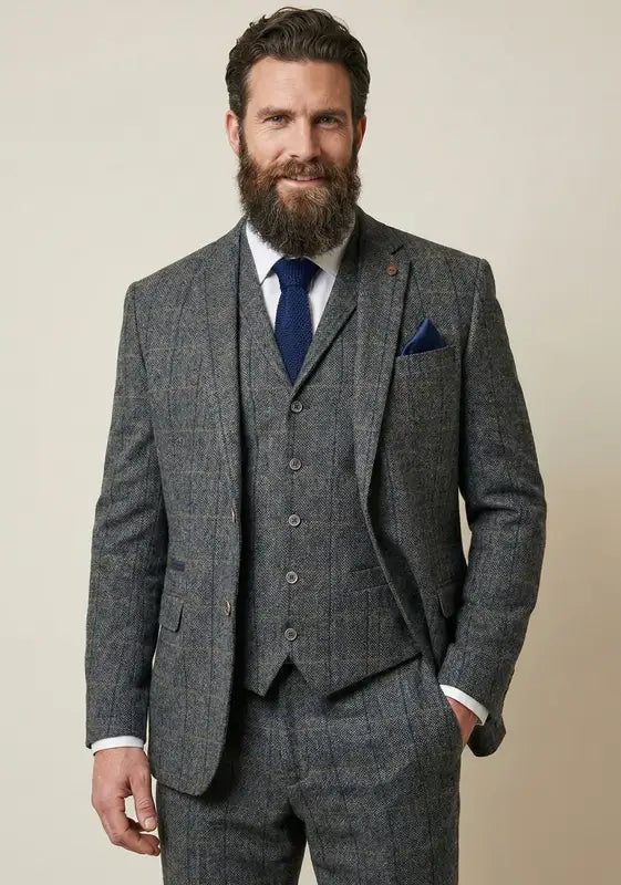 Costume trois pièces gris / bleu marine à chevrons