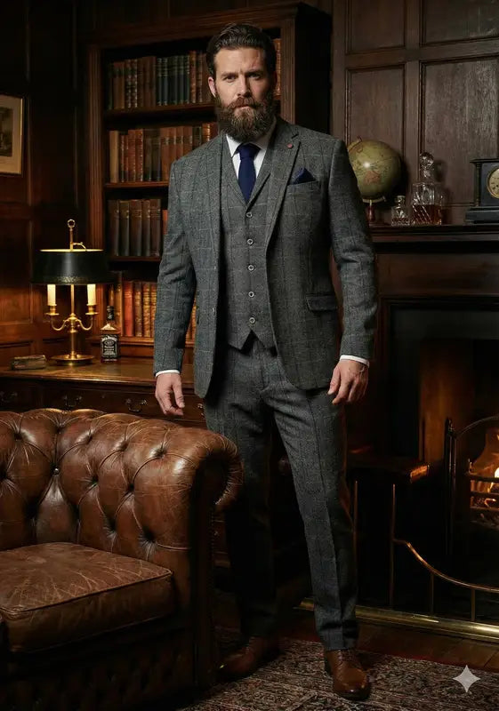 Costume trois pièces gris / bleu marine à chevrons