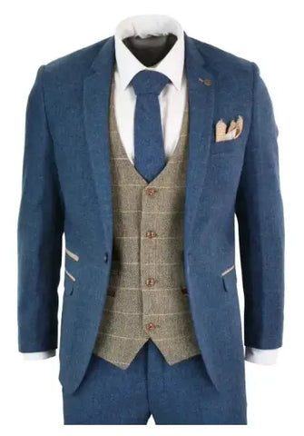 Costume tweed trois pièces bleu et marron à chevrons - Marc Darcy