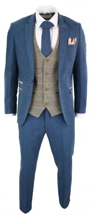 Costume tweed trois pièces bleu et marron à chevrons - Marc Darcy