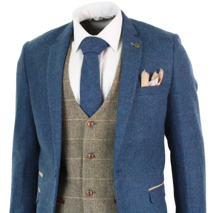 Costume tweed trois pièces bleu et marron à chevrons - Marc Darcy