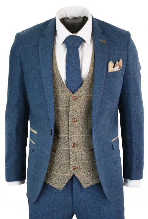 Costume tweed trois pièces bleu et marron à chevrons - Marc Darcy
