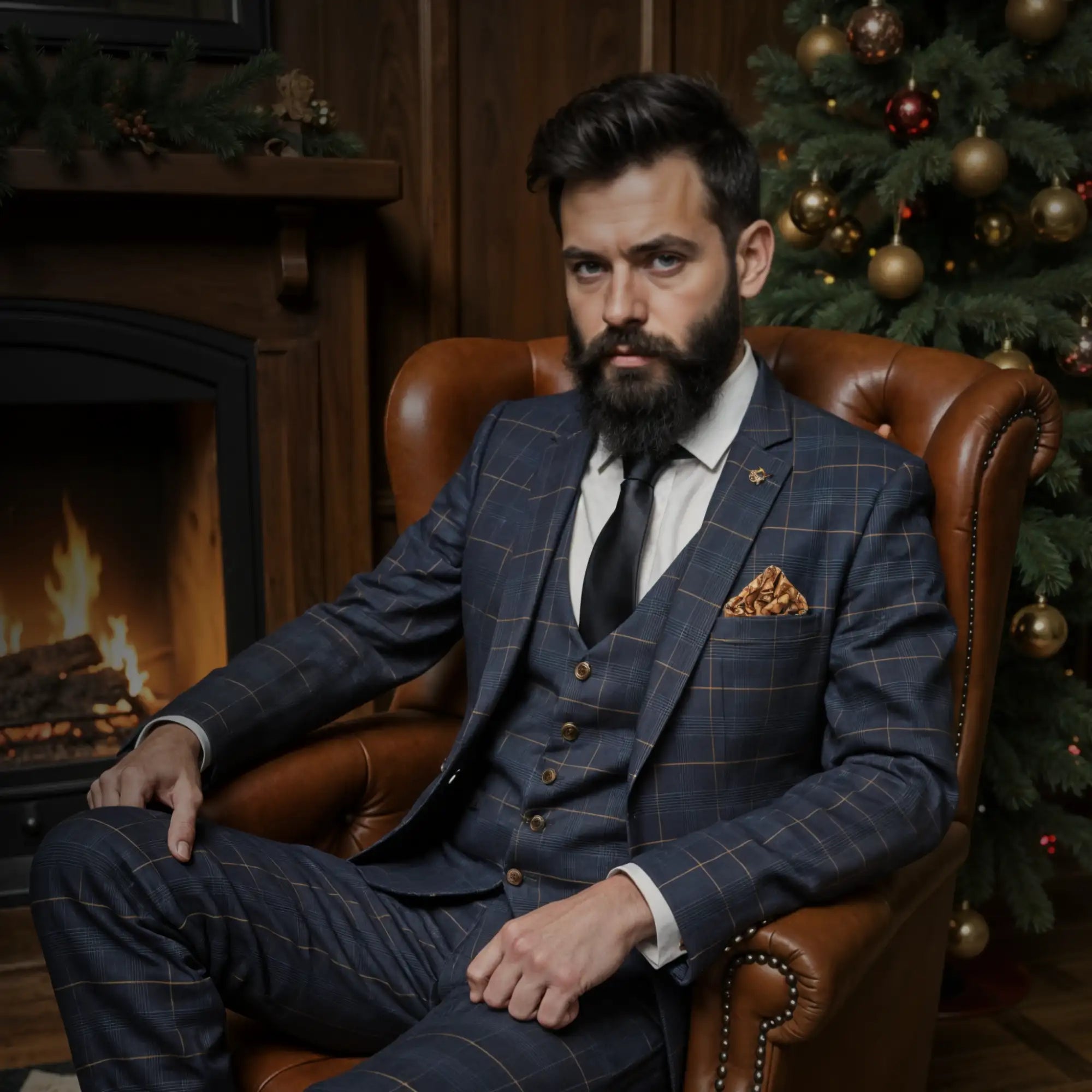 Homme portant un costume trois pièces à carreaux bleu marine avec des boutons aux tons dorés et un pochette assortie.