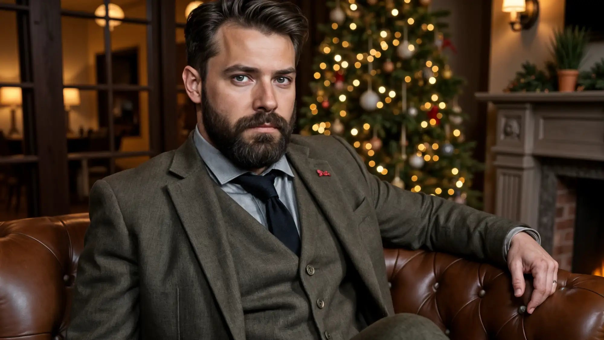 Homme portant un costume trois pièces en tweed olive foncé avec une cravate marine et une chemise gris clair.