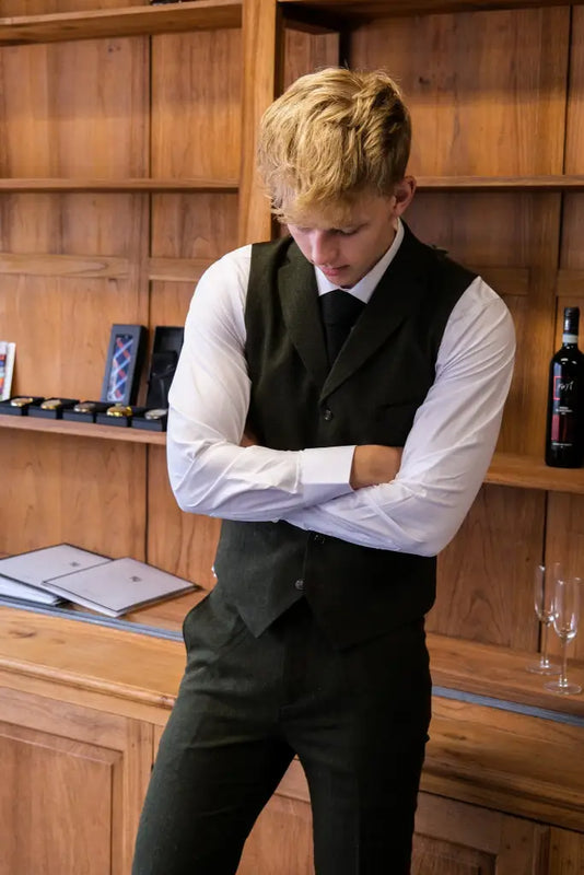 CASTLESON Chief - Costume pour hommes en tweed vert olive.